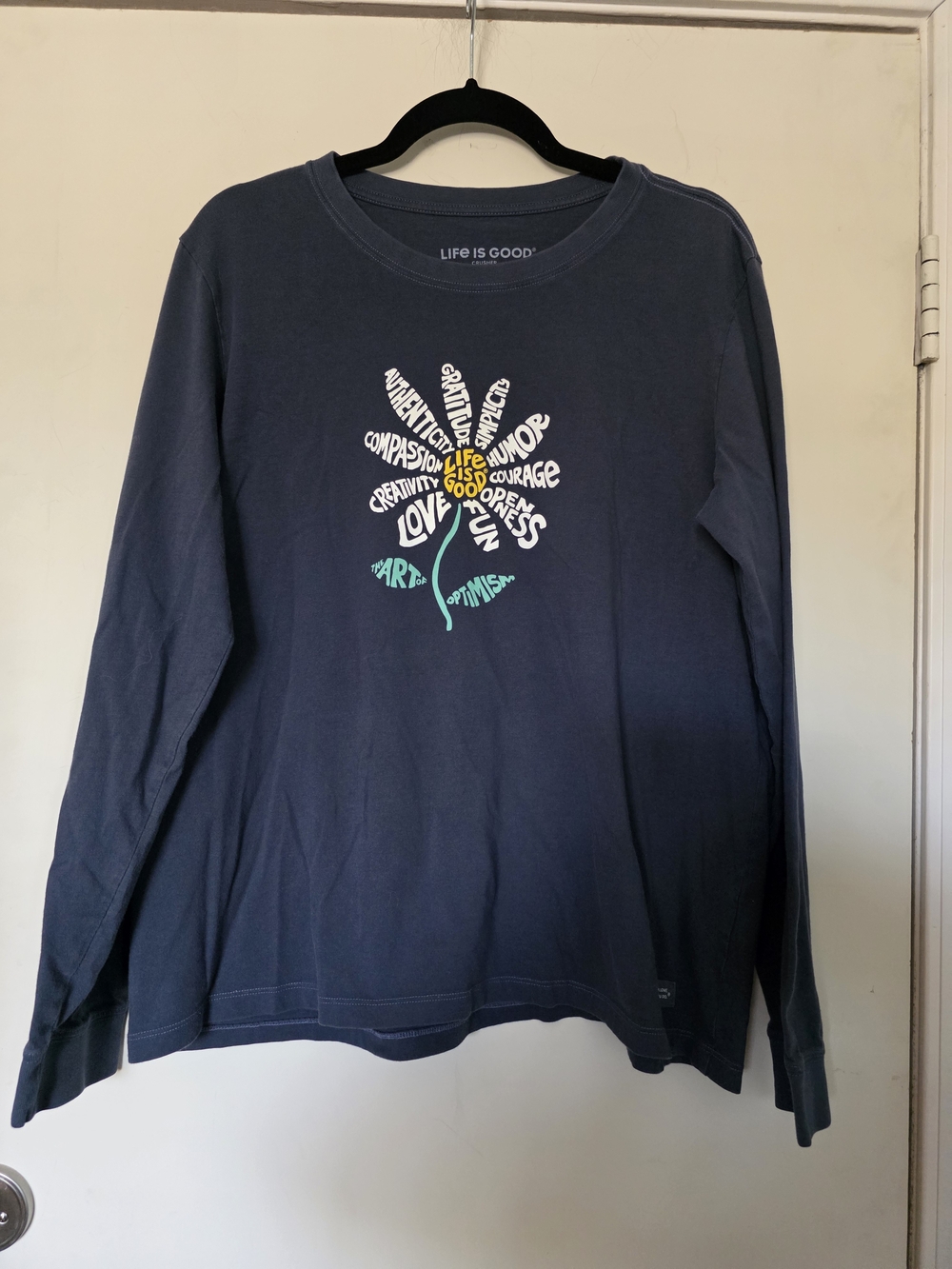 Life Is Good Navy Long-Sleeve Tee with Multicolor Word Flower Graphic